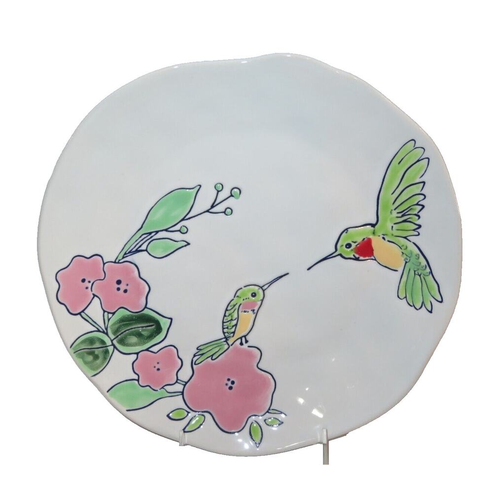 SET OF 2 ELI & ANA HANDMADE CERAMICS FLORAL HUMMINGBIRD 8" SALAD PLATES NEW